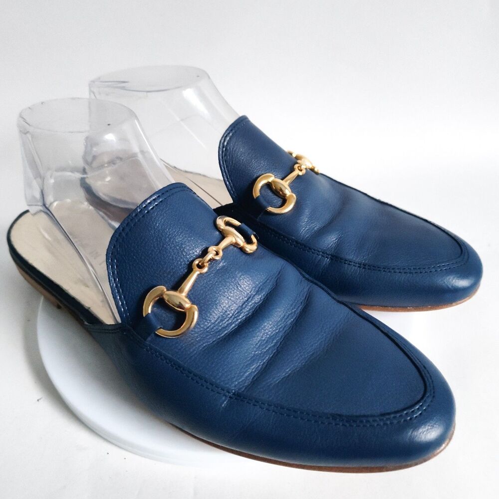 Blue Leather Horsebit Backless Loafers